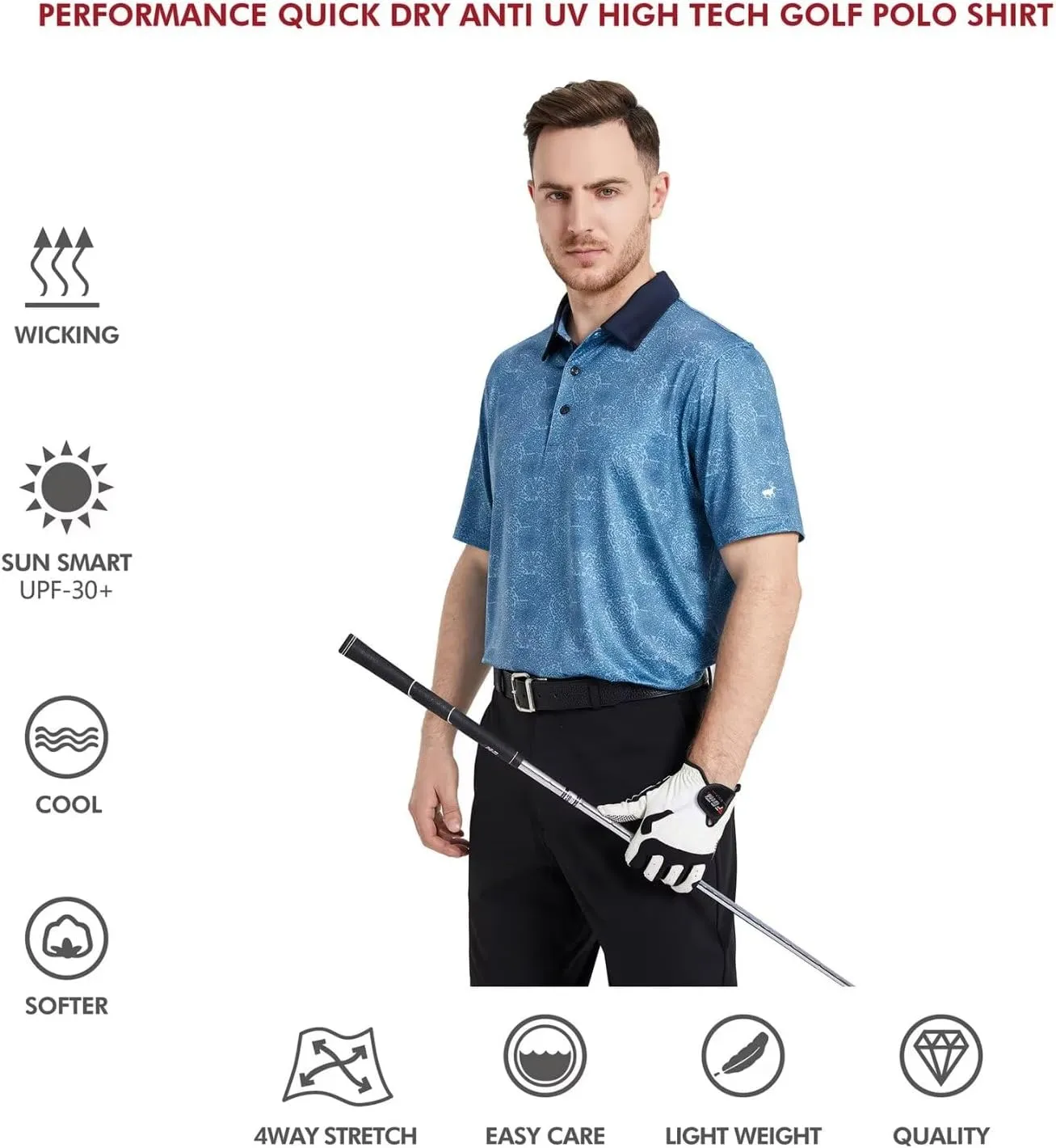 Mens Golf Shirts Short Sleeve Moisture Wicking Dry Fit Print Performance Athletic Casual Golf Polo Shirts for Men