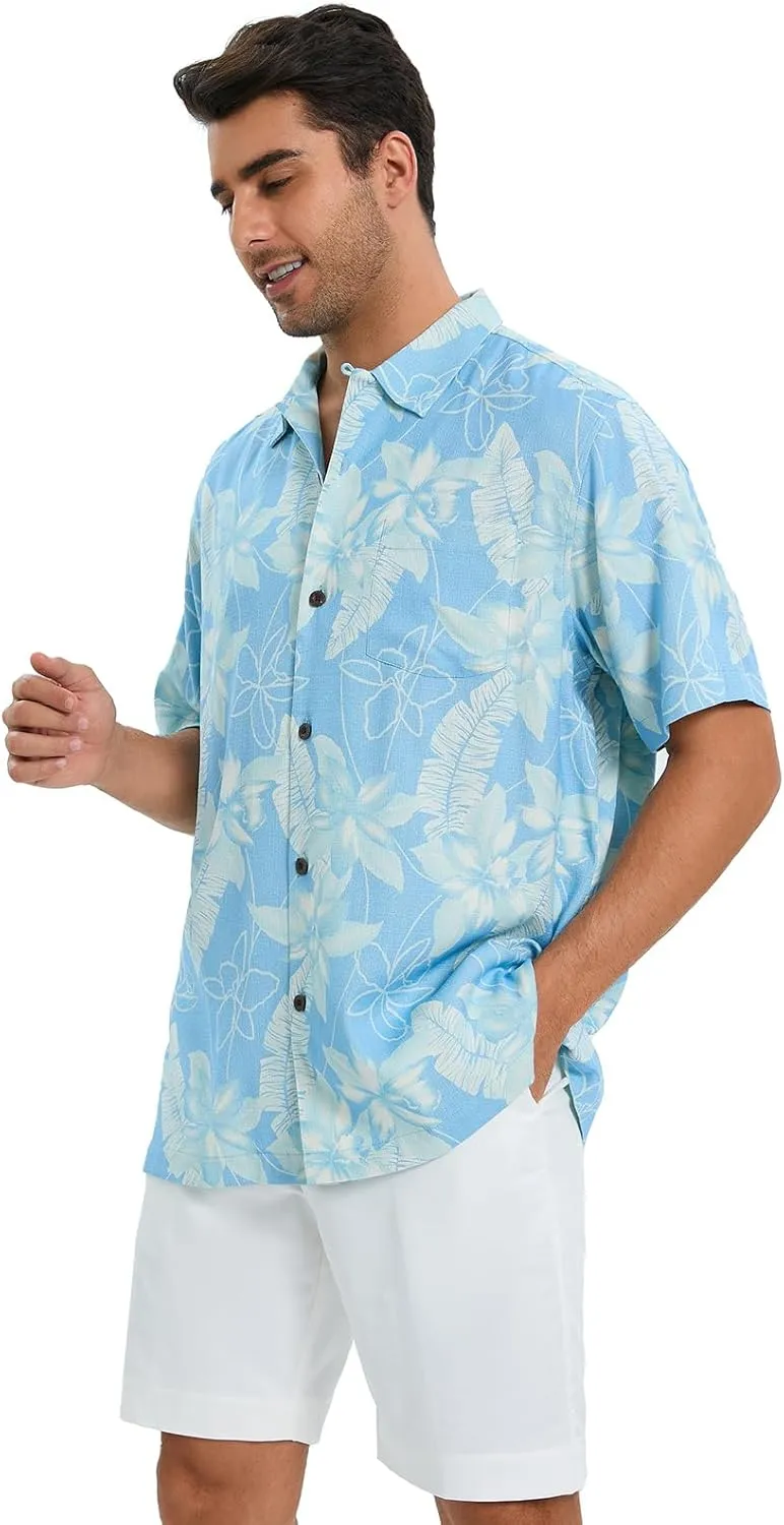 Men's Hawaiian Shirts Silk and Cotton Blend Button Down Short Sleeve Tropical Print Camp Shirts