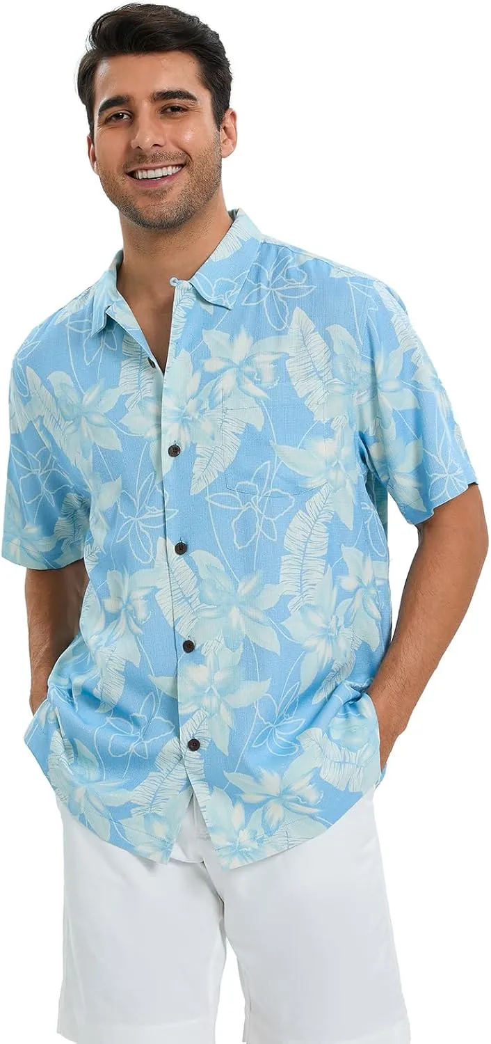Men's Hawaiian Shirts Silk and Cotton Blend Button Down Short Sleeve Tropical Print Camp Shirts
