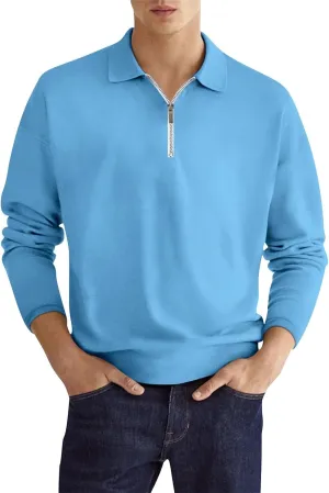 Mens Quarter Zip Sweatshirt Lightweight Long Sleeve Casual Loose Fit Pullover Hoodies Lapel Collar Tops with Pocket