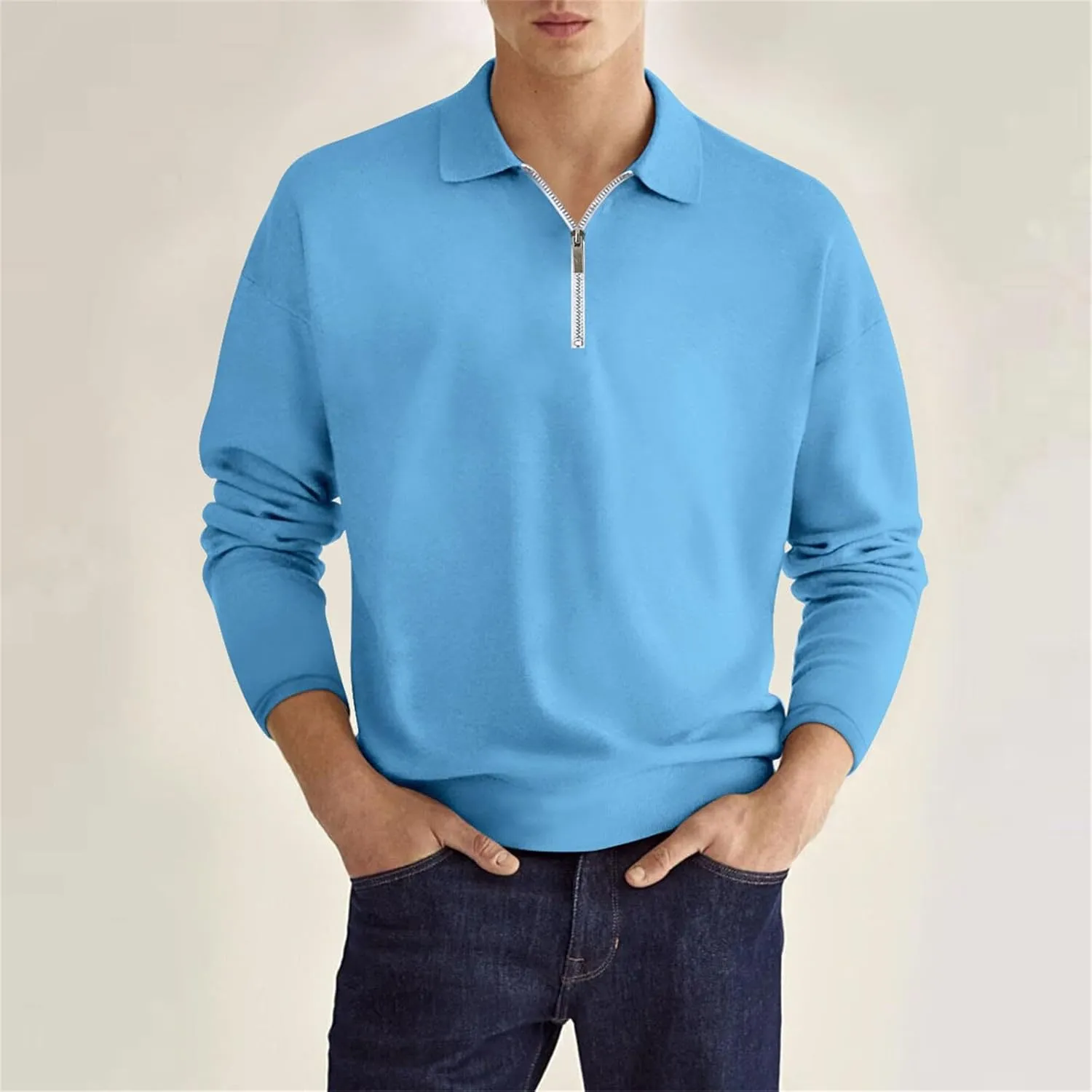 Mens Quarter Zip Sweatshirt Lightweight Long Sleeve Casual Loose Fit Pullover Hoodies Lapel Collar Tops with Pocket