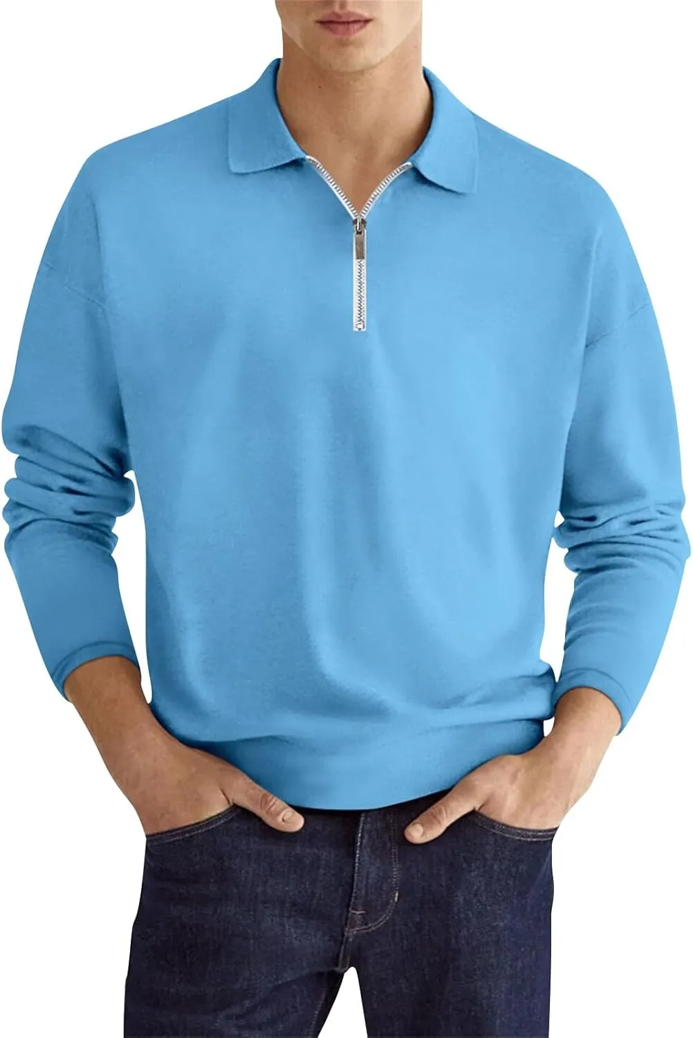 Mens Quarter Zip Sweatshirt Lightweight Long Sleeve Casual Loose Fit Pullover Hoodies Lapel Collar Tops with Pocket