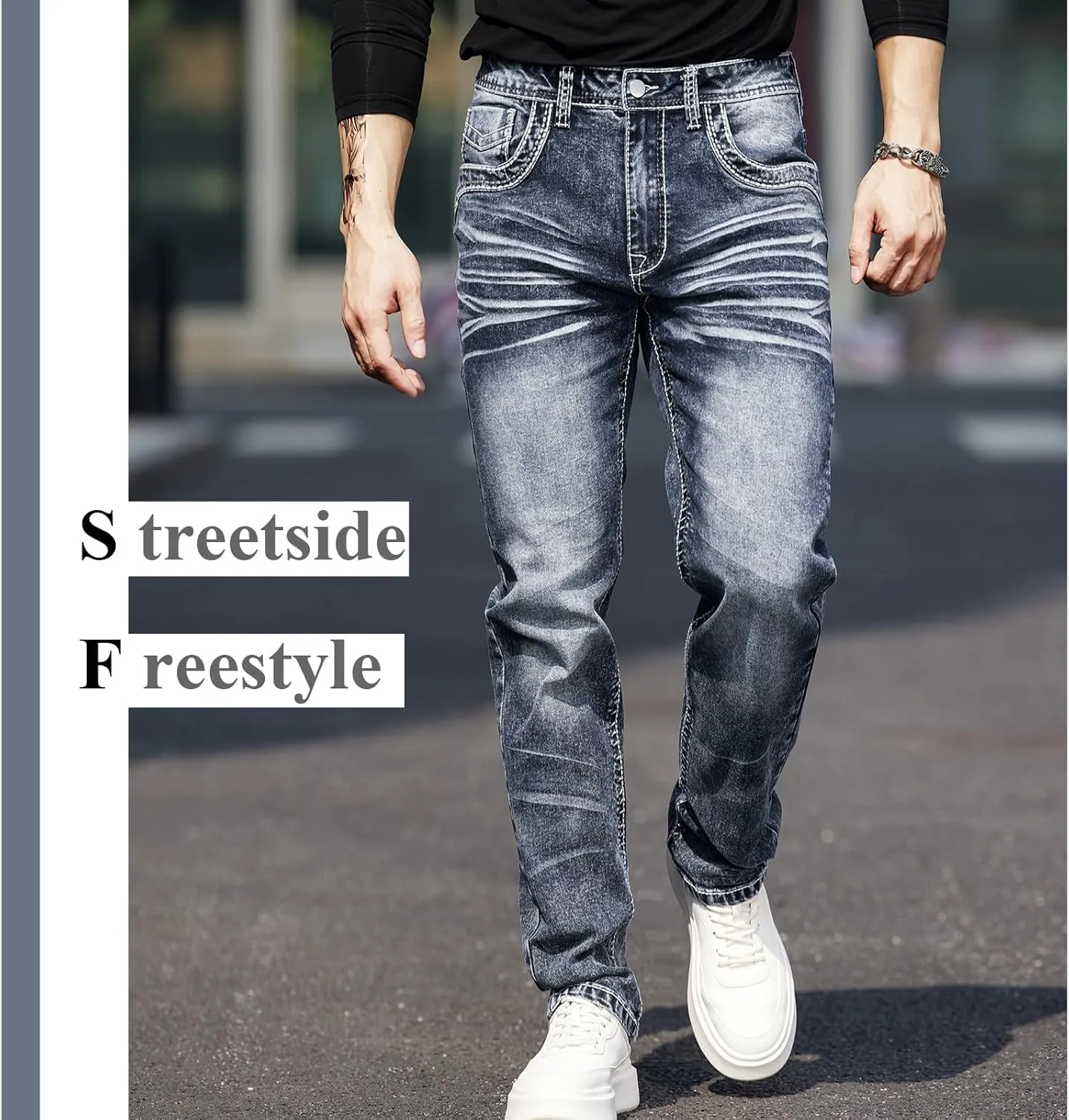 Men's Rough Thread Classic Embroidery Slim Four Seasons Stretch Jeans
