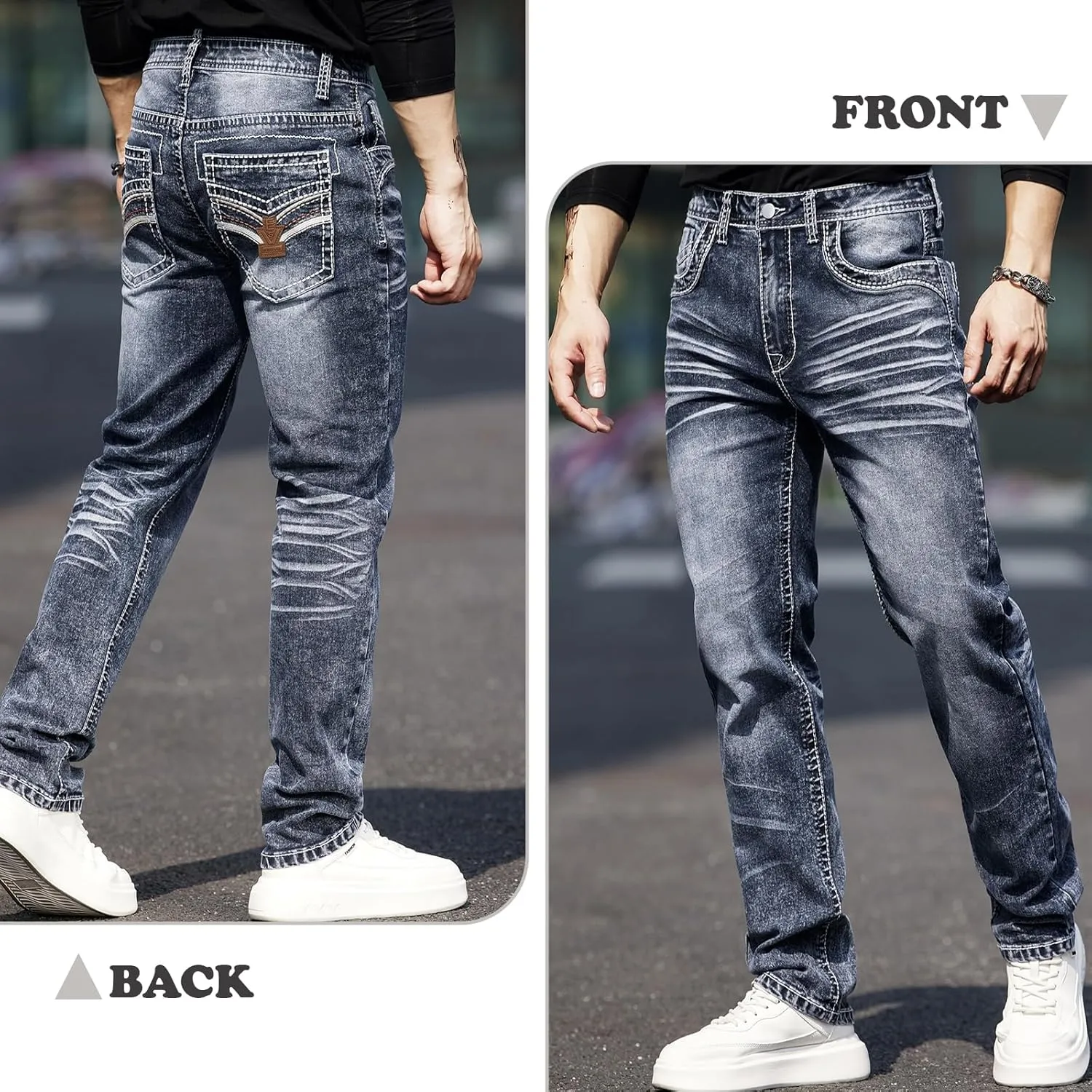 Men's Rough Thread Classic Embroidery Slim Four Seasons Stretch Jeans