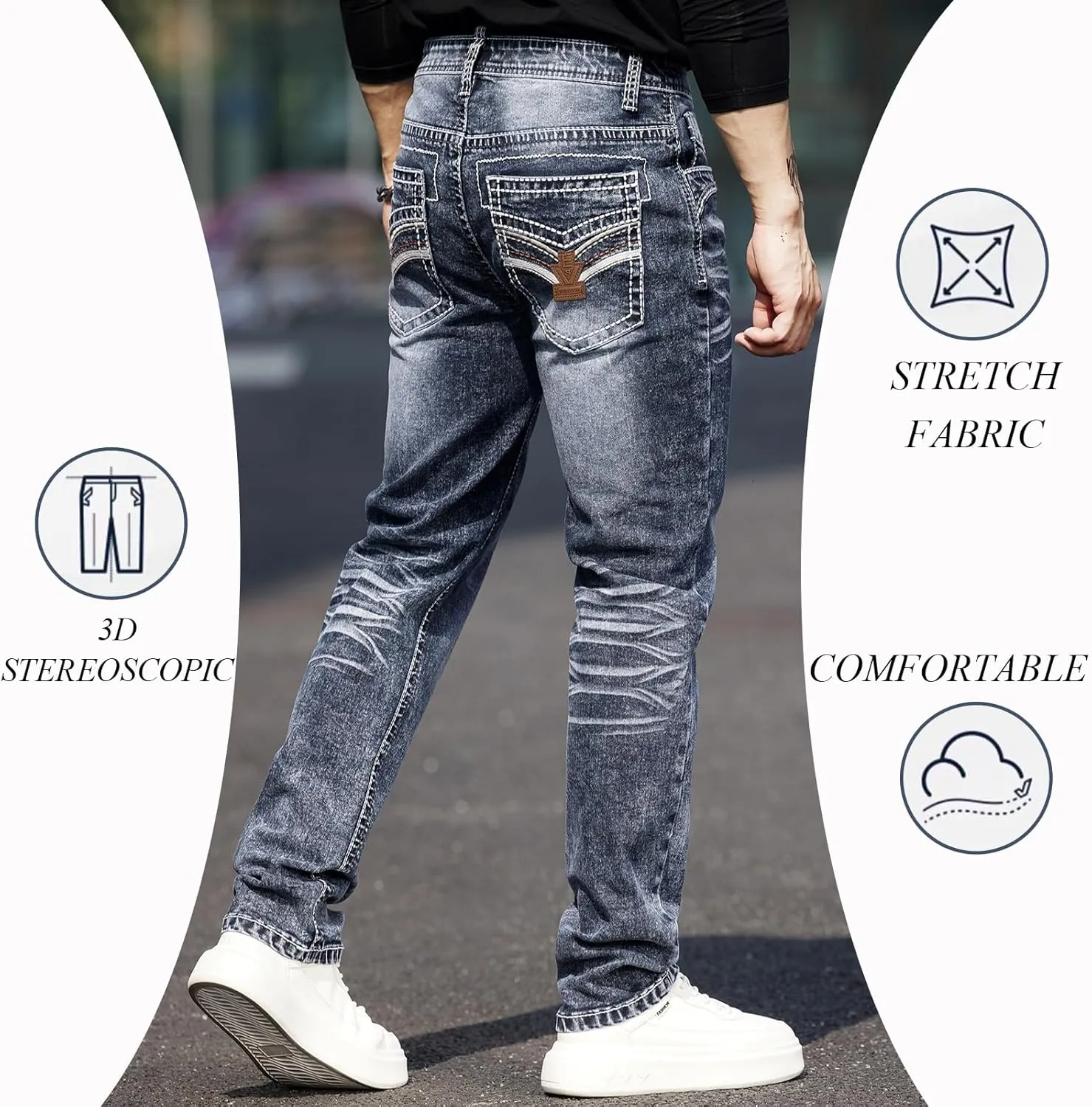 Men's Rough Thread Classic Embroidery Slim Four Seasons Stretch Jeans