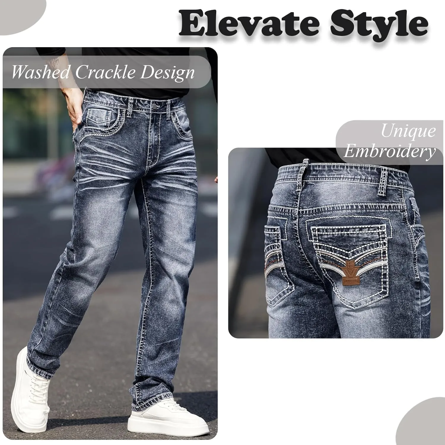 Men's Rough Thread Classic Embroidery Slim Four Seasons Stretch Jeans