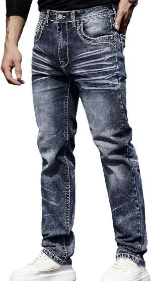 Men's Rough Thread Classic Embroidery Slim Four Seasons Stretch Jeans