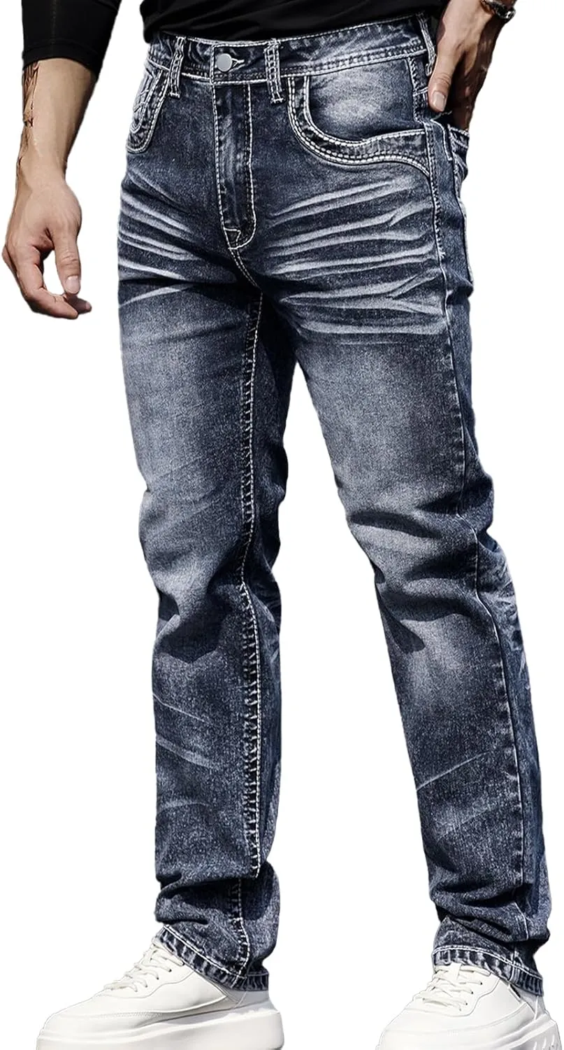Men's Rough Thread Classic Embroidery Slim Four Seasons Stretch Jeans
