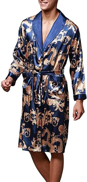Mens Satin Robe Silk Long Sleeve Kimono Bathrobe Sleepwear Loungewear
