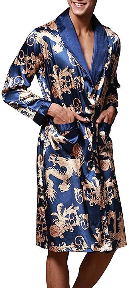 Mens Satin Robe Silk Long Sleeve Kimono Bathrobe Sleepwear Loungewear