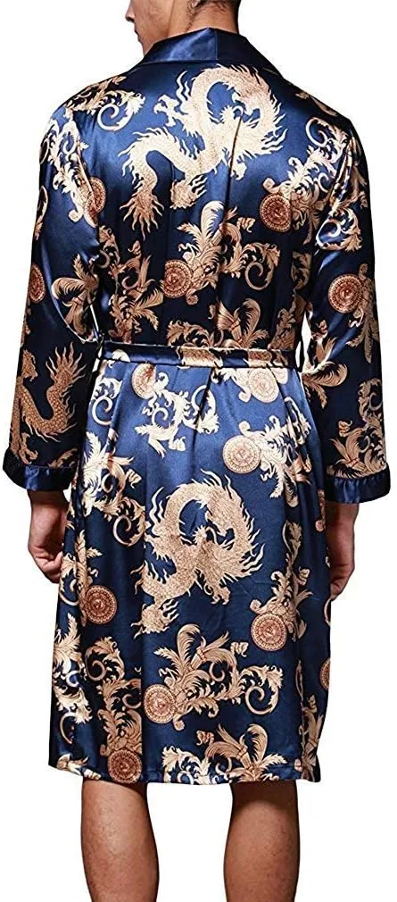 Mens Satin Robe Silk Long Sleeve Kimono Bathrobe Sleepwear Loungewear