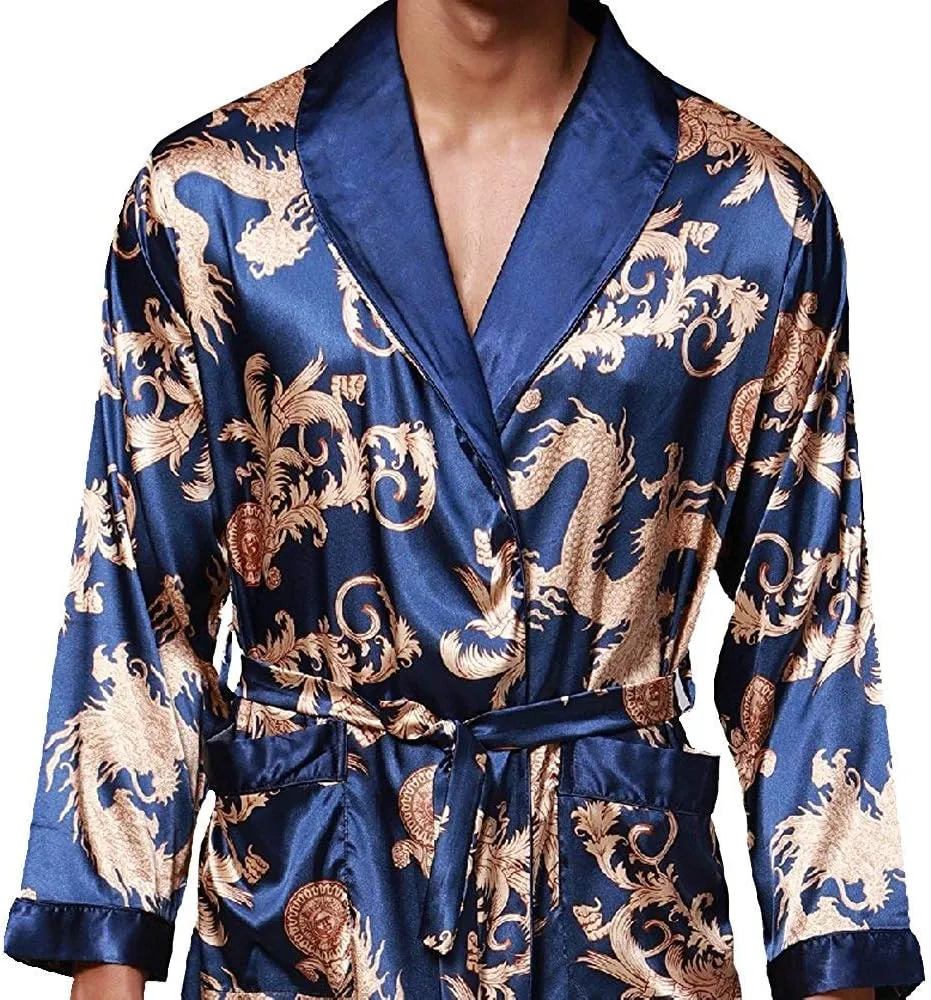 Mens Satin Robe Silk Long Sleeve Kimono Bathrobe Sleepwear Loungewear