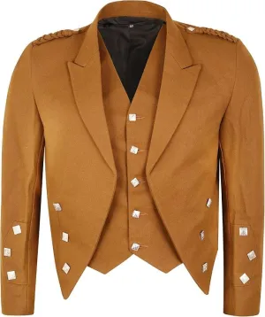 Men's Scottish Argyle Kilt Jacket & 5-Button Waistcoat – Brown Serge Wool Traditional Formal Wear for Weddings & Events