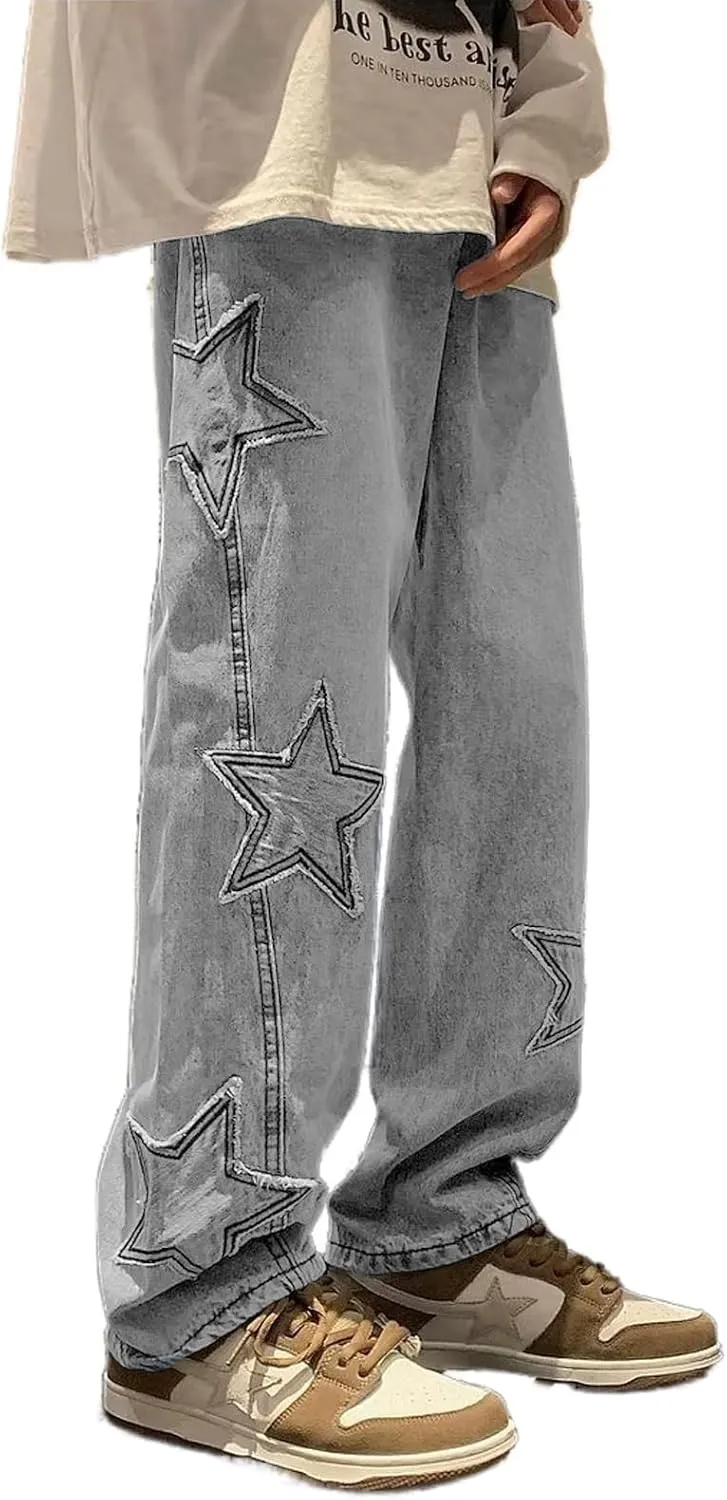 Mens Y2k Star Jeans High Waisted Hip Hop Streetwear Jeans Loose Baggy Embroidery Aesthetic Harajuku Denim Pants