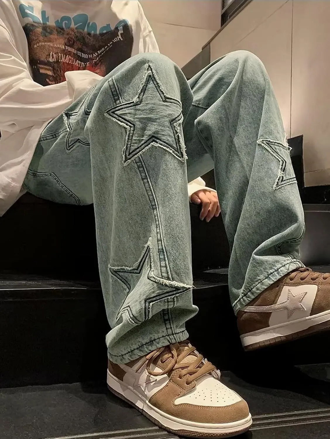 Mens Y2k Star Jeans High Waisted Hip Hop Streetwear Jeans Loose Baggy Embroidery Aesthetic Harajuku Denim Pants