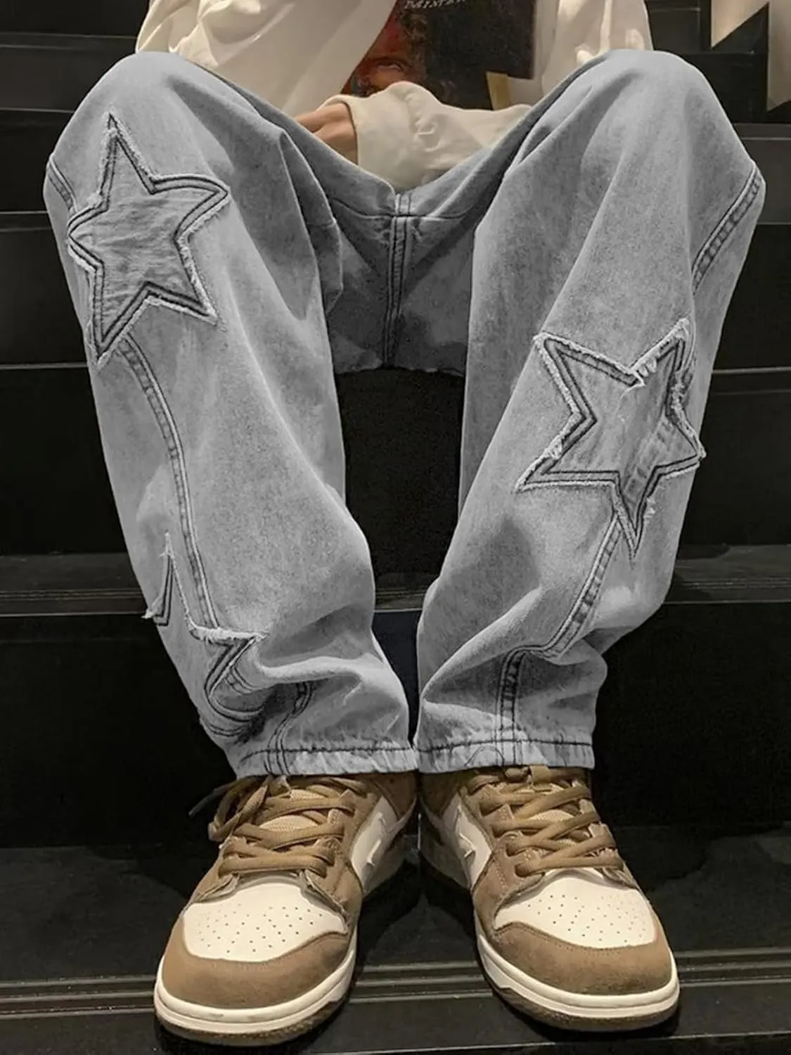 Mens Y2k Star Jeans High Waisted Hip Hop Streetwear Jeans Loose Baggy Embroidery Aesthetic Harajuku Denim Pants