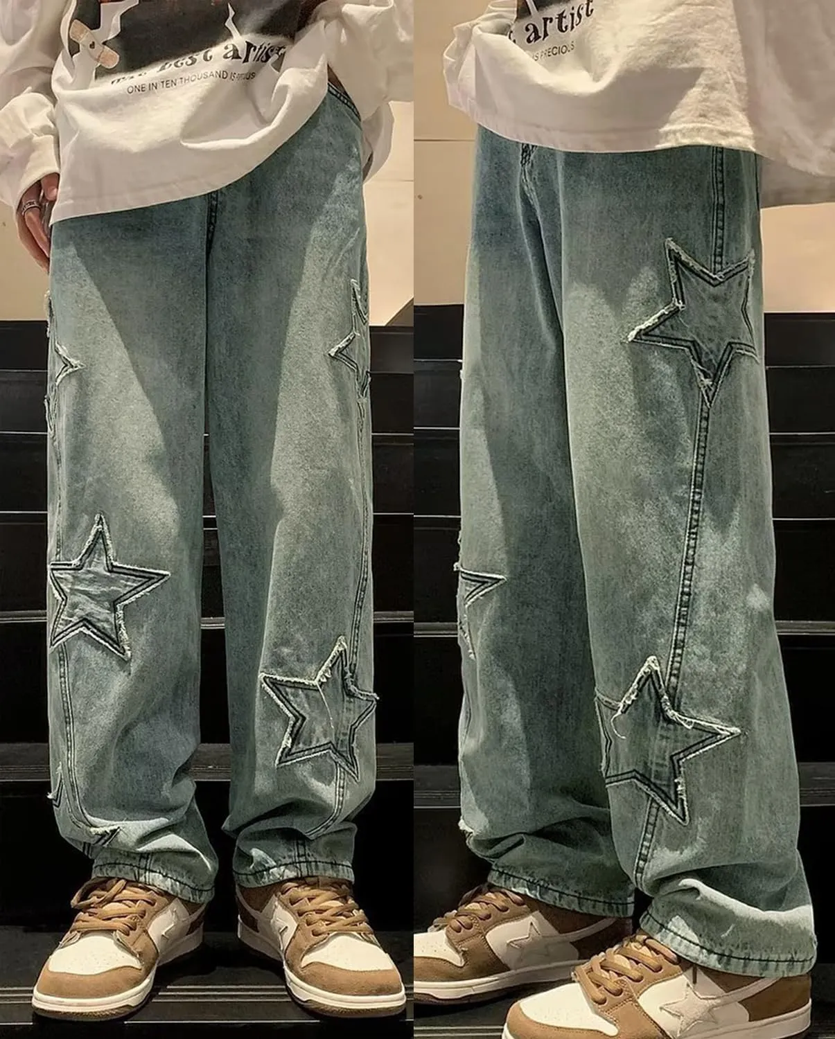 Mens Y2k Star Jeans High Waisted Hip Hop Streetwear Jeans Loose Baggy Embroidery Aesthetic Harajuku Denim Pants