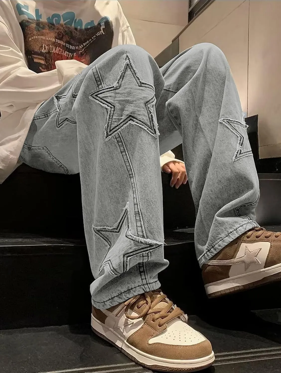 Mens Y2k Star Jeans High Waisted Hip Hop Streetwear Jeans Loose Baggy Embroidery Aesthetic Harajuku Denim Pants