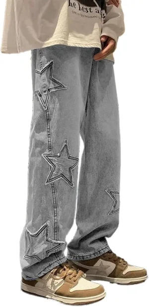 Mens Y2k Star Jeans High Waisted Hip Hop Streetwear Jeans Loose Baggy Embroidery Aesthetic Harajuku Denim Pants