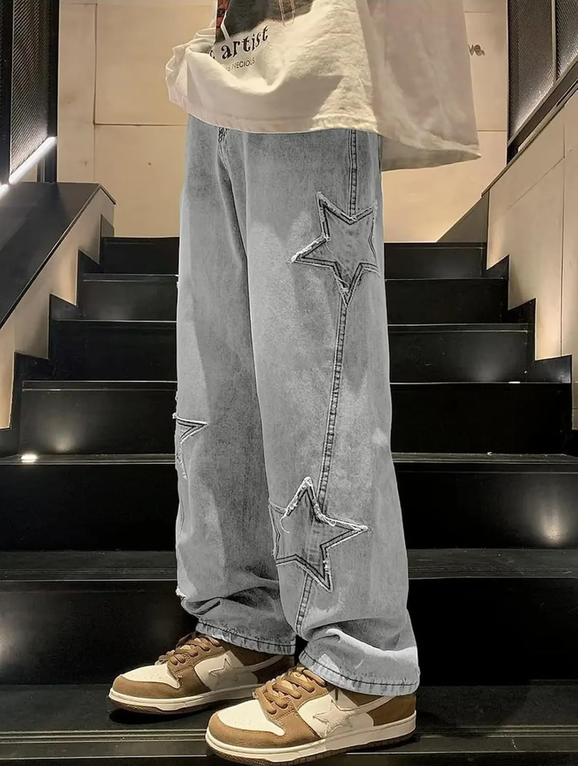 Mens Y2k Star Jeans High Waisted Hip Hop Streetwear Jeans Loose Baggy Embroidery Aesthetic Harajuku Denim Pants