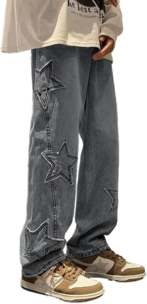 Mens Y2k Star Jeans High Waisted Hip Hop Streetwear Jeans Loose Baggy Embroidery Aesthetic Harajuku Denim Pants