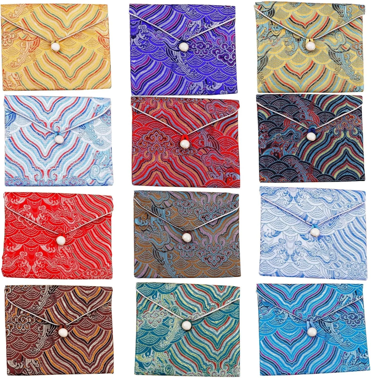 MIAO JIN 12pcs Silk Brocade Jewelry Pouch Embroidered Ripple pattern Coin Purse Buckle 3.7×3.1in Gift Bags Multiple Colors
