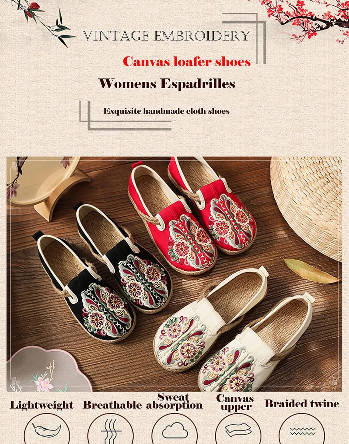 Micoklinlin Canvas Loafers for Women Espadrilles Slip on Flat House Shoes Embroidered Shoes Ethnic Style Casual Sneakers