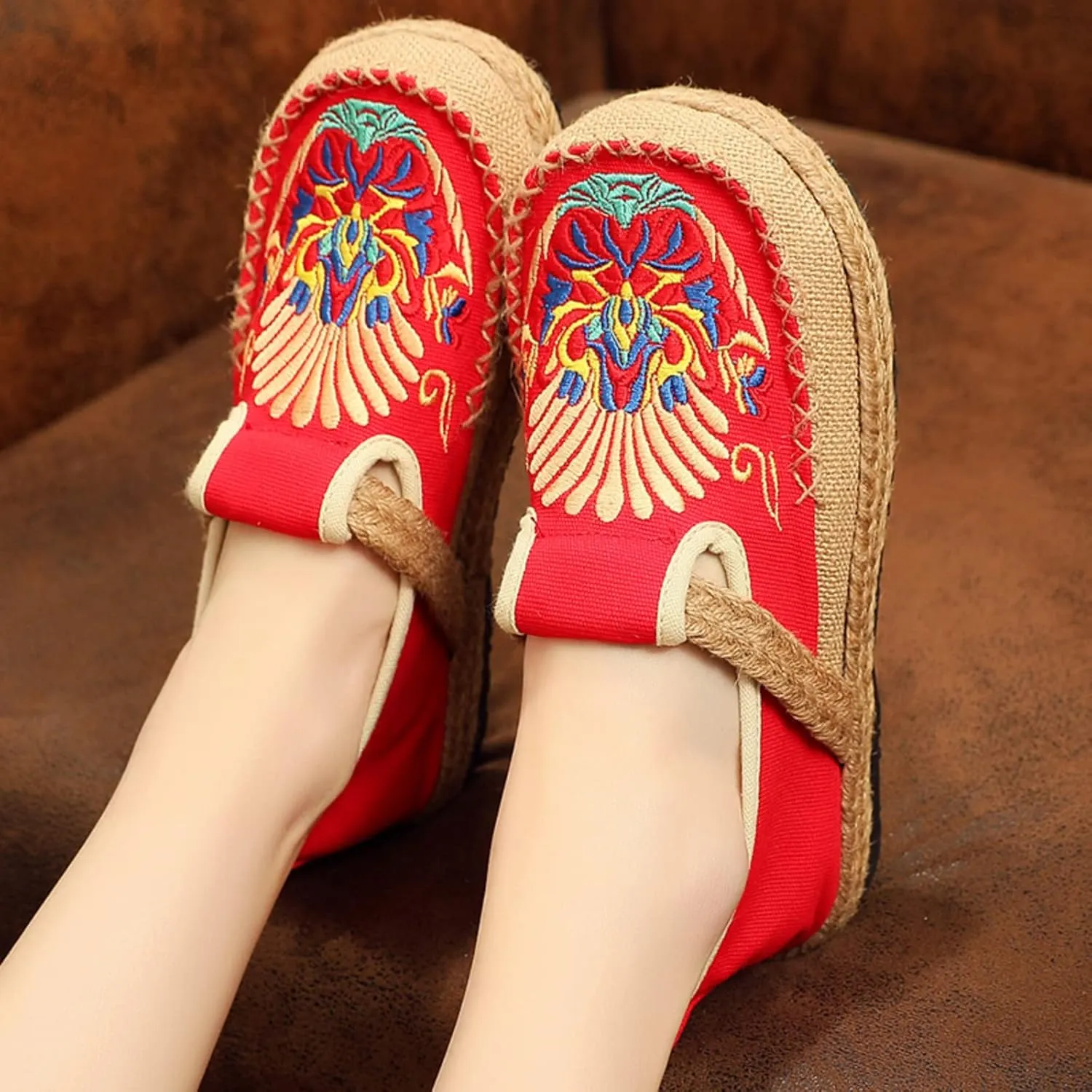 Micoklinlin Canvas Loafers for Women Espadrilles Slip on Flat House Shoes Embroidered Shoes Ethnic Style Casual Sneakers