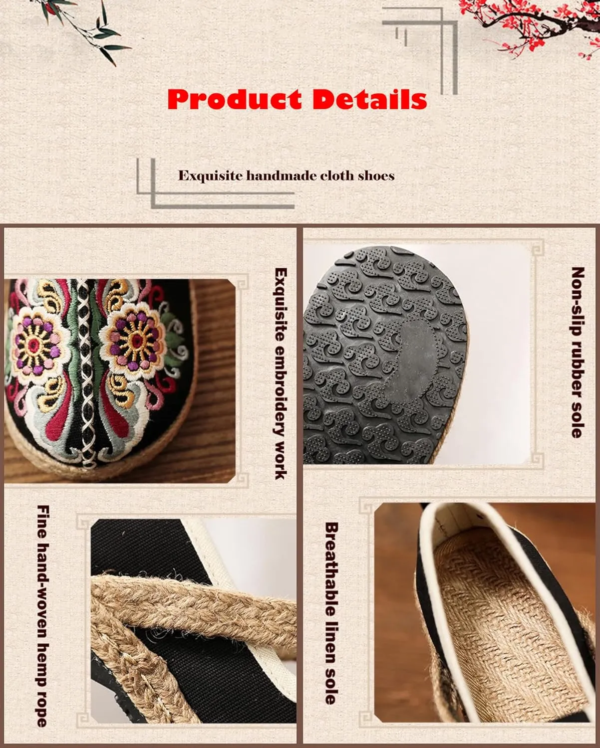 Micoklinlin Canvas Loafers for Women Espadrilles Slip on Flat House Shoes Embroidered Shoes Ethnic Style Casual Sneakers