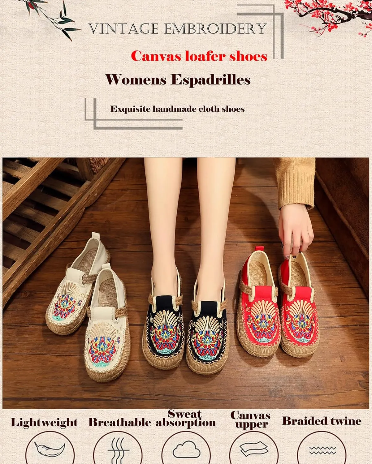 Micoklinlin Canvas Loafers for Women Espadrilles Slip on Flat House Shoes Embroidered Shoes Ethnic Style Casual Sneakers