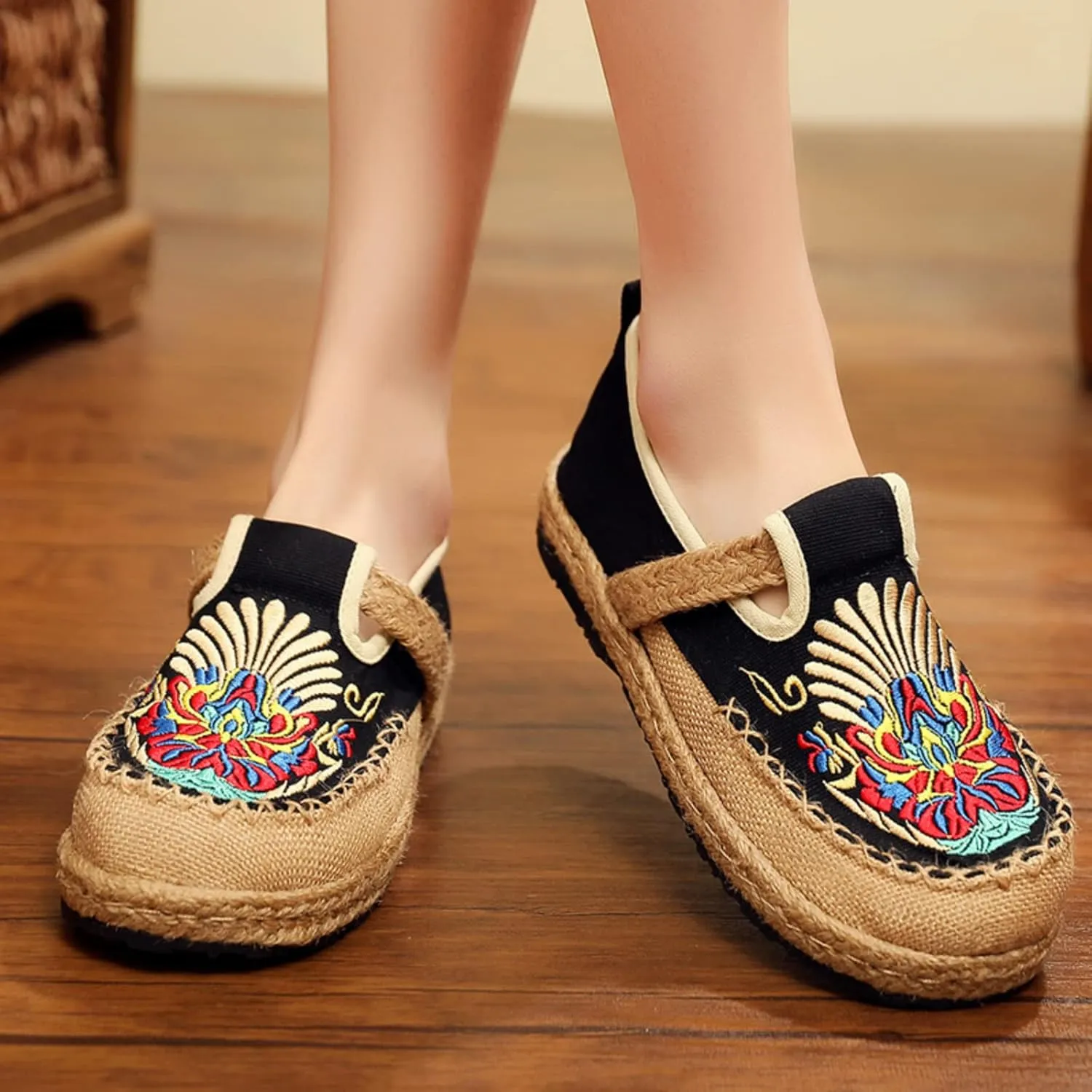 Micoklinlin Canvas Loafers for Women Espadrilles Slip on Flat House Shoes Embroidered Shoes Ethnic Style Casual Sneakers
