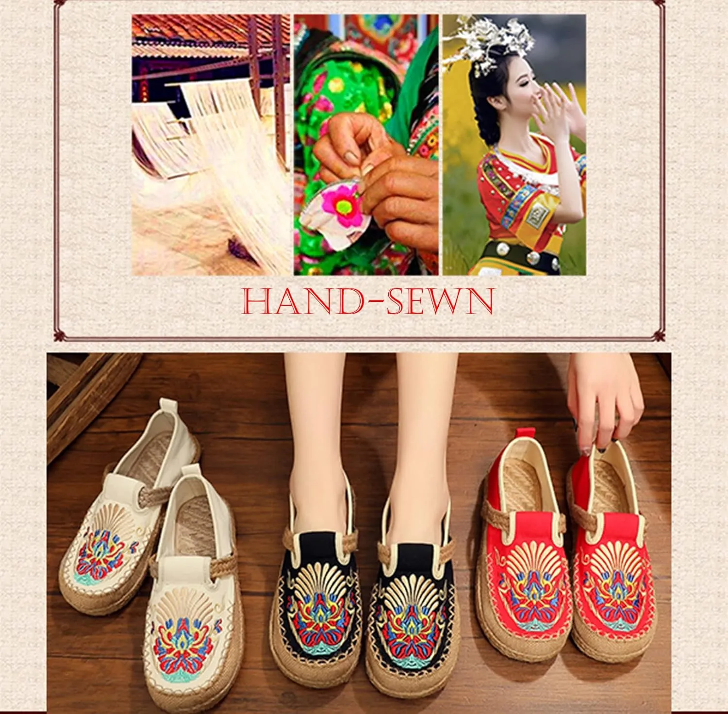 Micoklinlin Canvas Loafers for Women Espadrilles Slip on Flat House Shoes Embroidered Shoes Ethnic Style Casual Sneakers