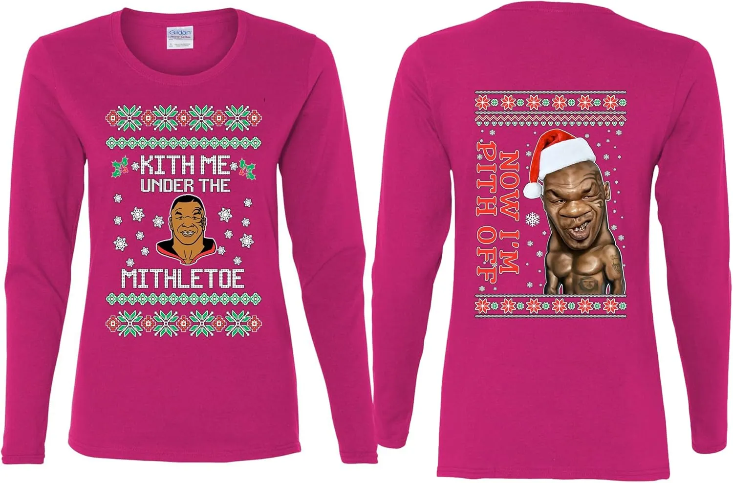 Mike Tyson Kith Me Under The Mithletoe Front and Back Funny Ugly Christmas Womens Long Sleeves