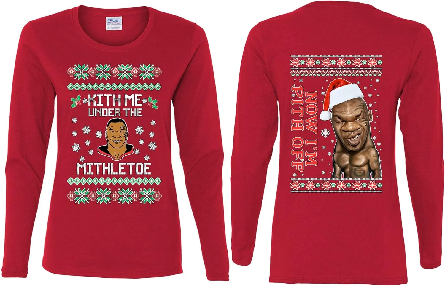 Mike Tyson Kith Me Under The Mithletoe Front and Back Funny Ugly Christmas Womens Long Sleeves