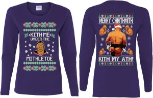 Mike Tyson Kith Me Under The Mithletoe Front and Back Legend Funny Ugly Christmas Womens Long Sleeves