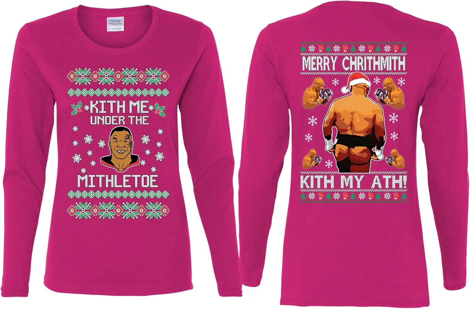 Mike Tyson Kith Me Under The Mithletoe Front and Back Legend Funny Ugly Christmas Womens Long Sleeves