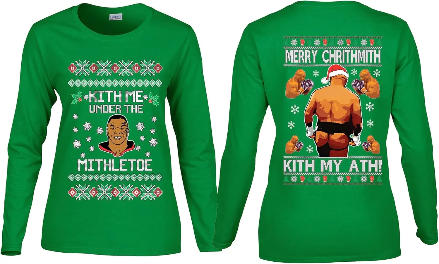 Mike Tyson Kith Me Under The Mithletoe Front and Back Legend Funny Ugly Christmas Womens Long Sleeves