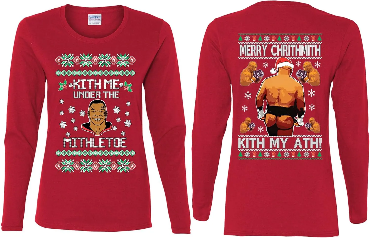 Mike Tyson Kith Me Under The Mithletoe Front and Back Legend Funny Ugly Christmas Womens Long Sleeves