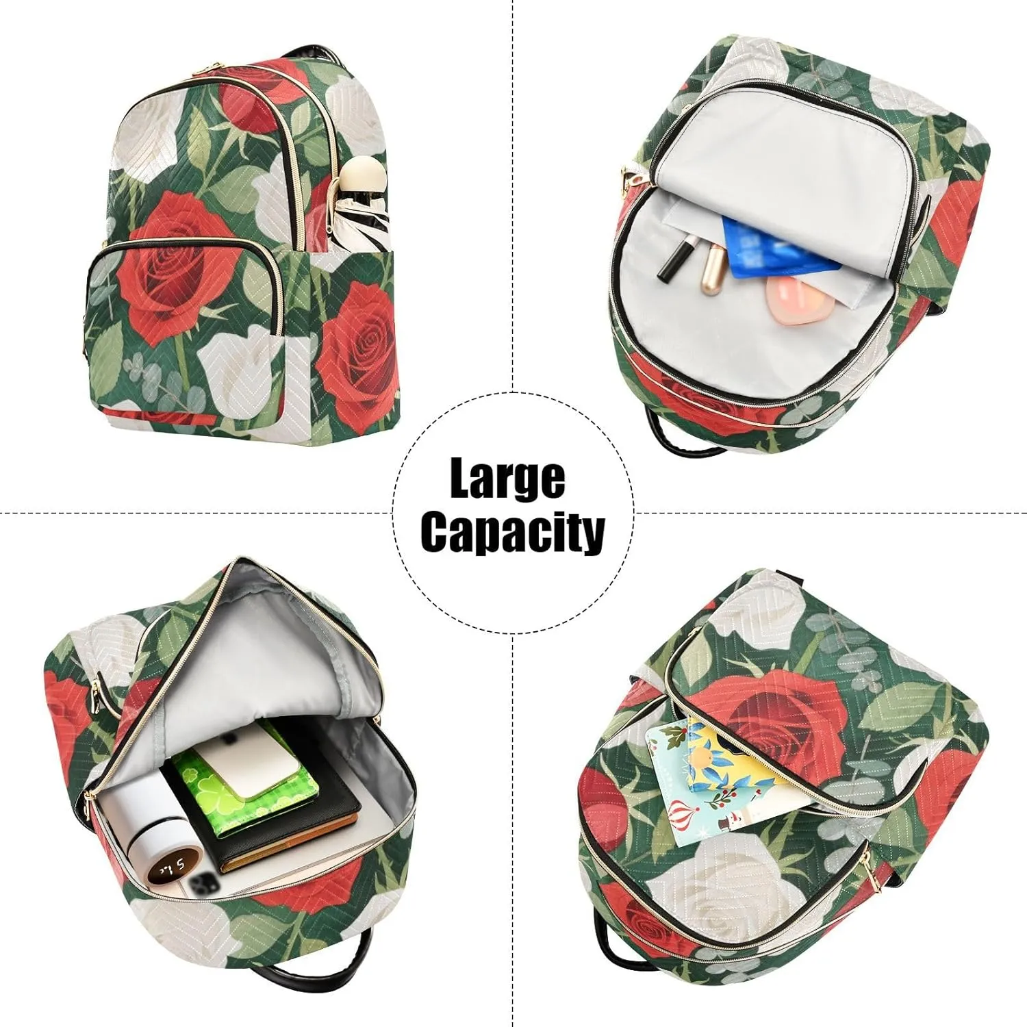 Mini Backpack Quilted Purse for Womens Small Backpack Daypack Rose Pattern for Travel Daily Work,Multi2