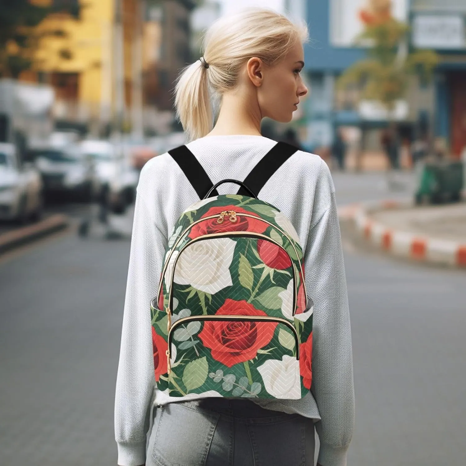 Mini Backpack Quilted Purse for Womens Small Backpack Daypack Rose Pattern for Travel Daily Work,Multi2
