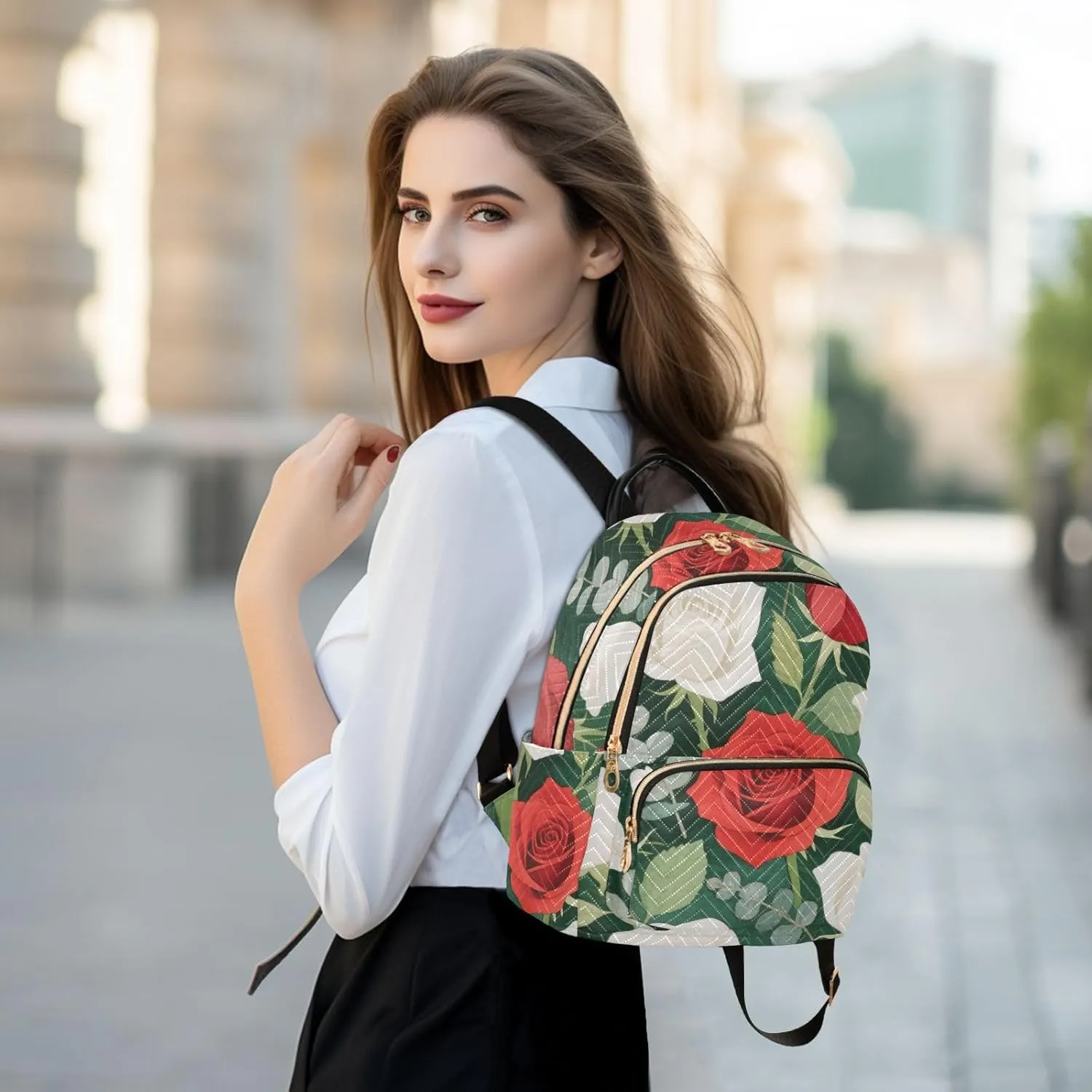 Mini Backpack Quilted Purse for Womens Small Backpack Daypack Rose Pattern for Travel Daily Work,Multi2