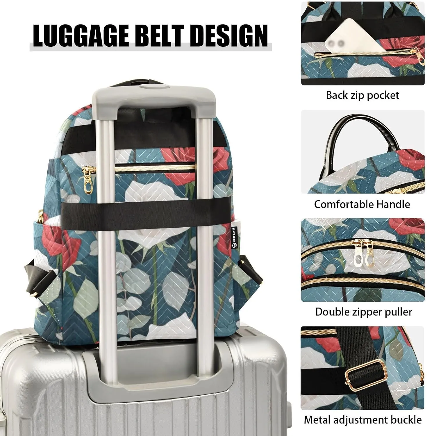 Mini Backpack Quilted Purse for Womens Small Backpack Daypack Rose Pattern for Travel Daily Work,Multi9