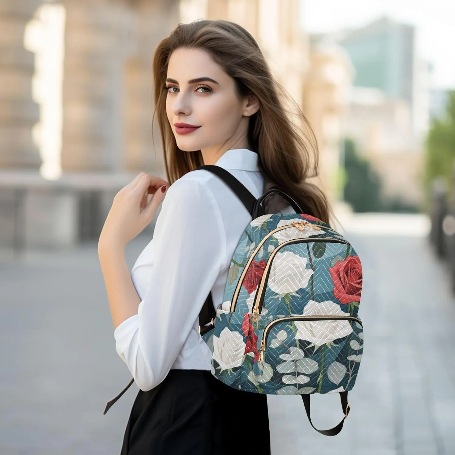 Mini Backpack Quilted Purse for Womens Small Backpack Daypack Rose Pattern for Travel Daily Work,Multi9