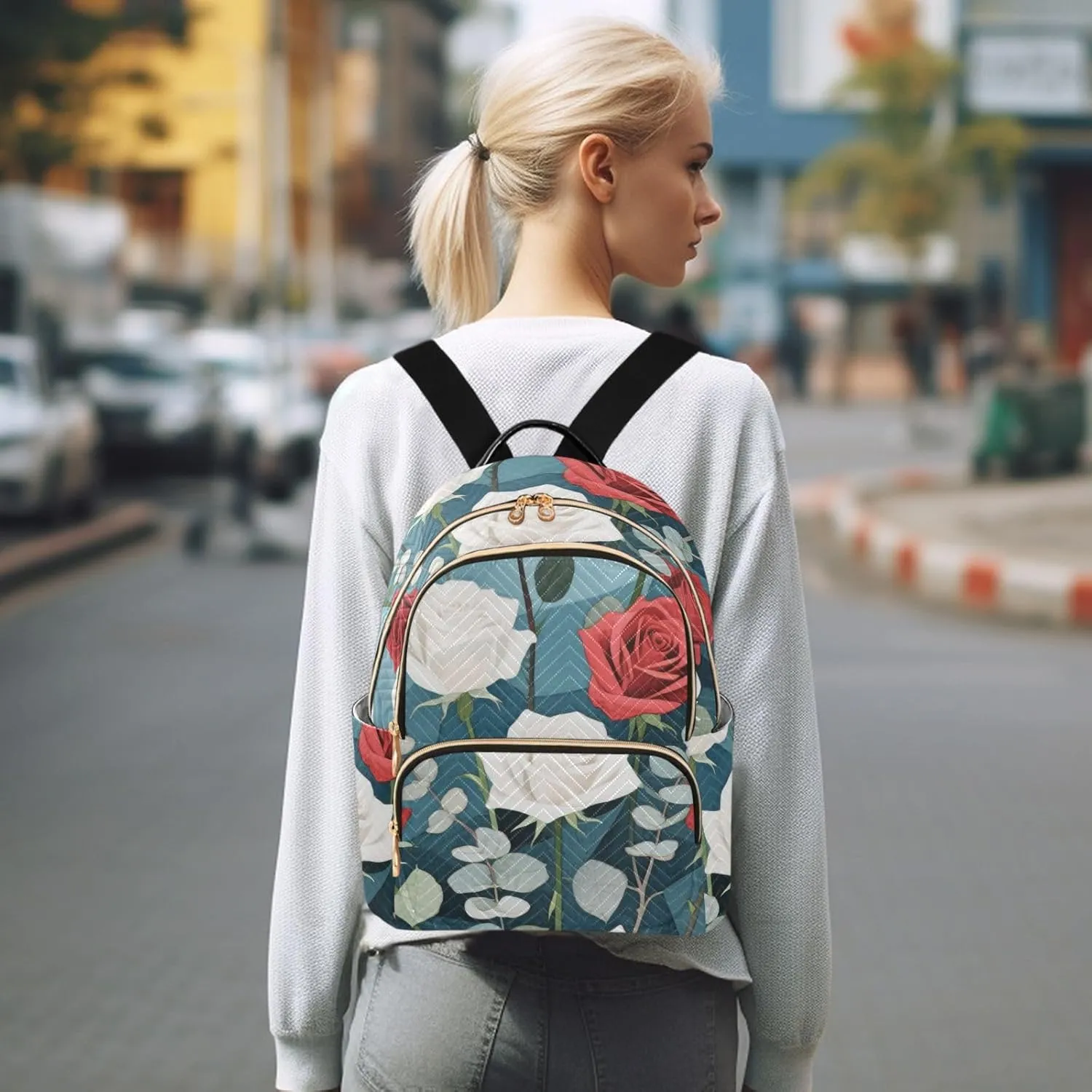Mini Backpack Quilted Purse for Womens Small Backpack Daypack Rose Pattern for Travel Daily Work,Multi9