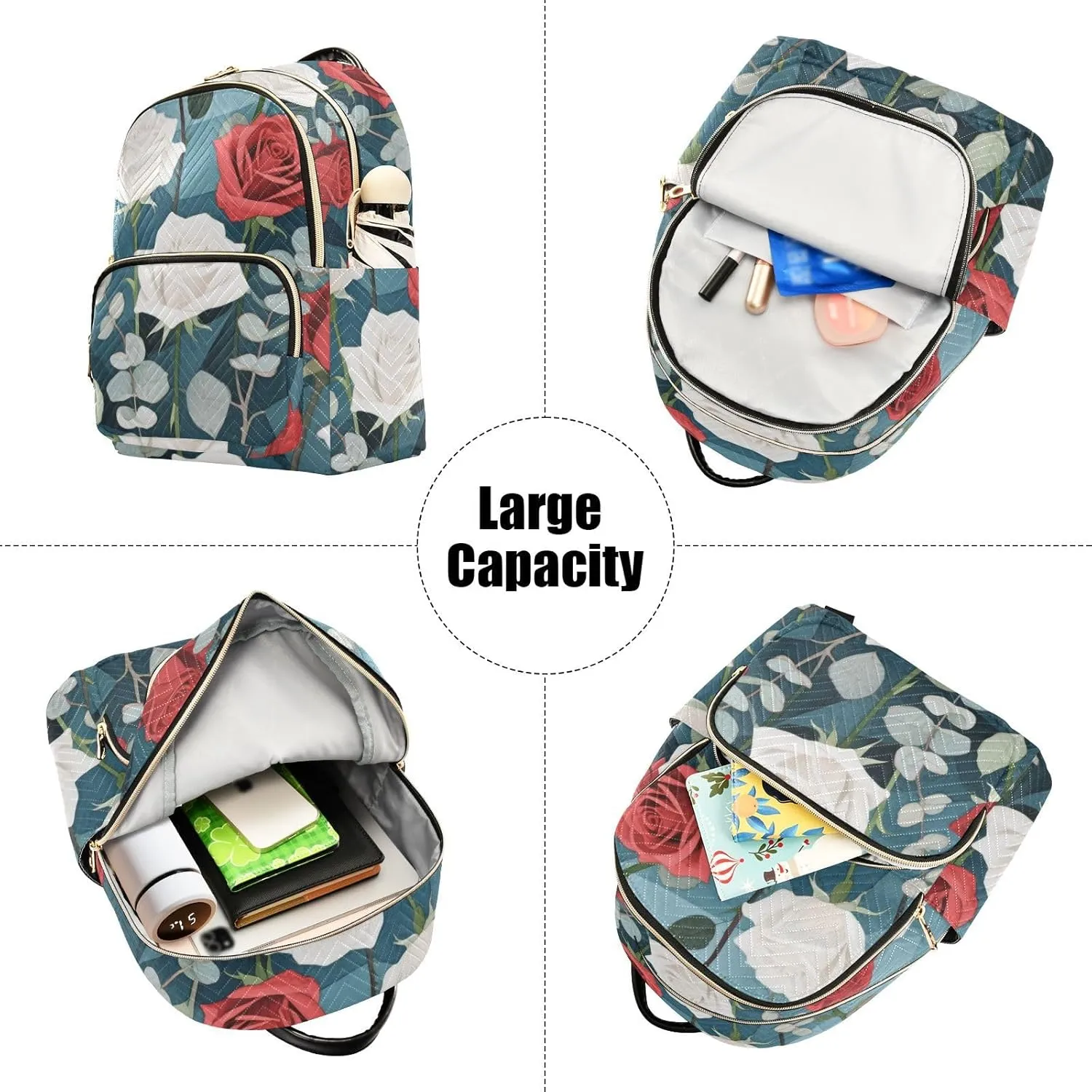 Mini Backpack Quilted Purse for Womens Small Backpack Daypack Rose Pattern for Travel Daily Work,Multi9