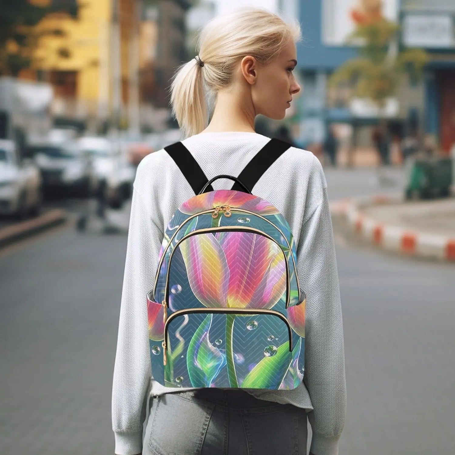 Mini Backpack Quilted Purse for Womens Small Backpack Daypack Tulips Pattern for Travel Daily Office,Multi2