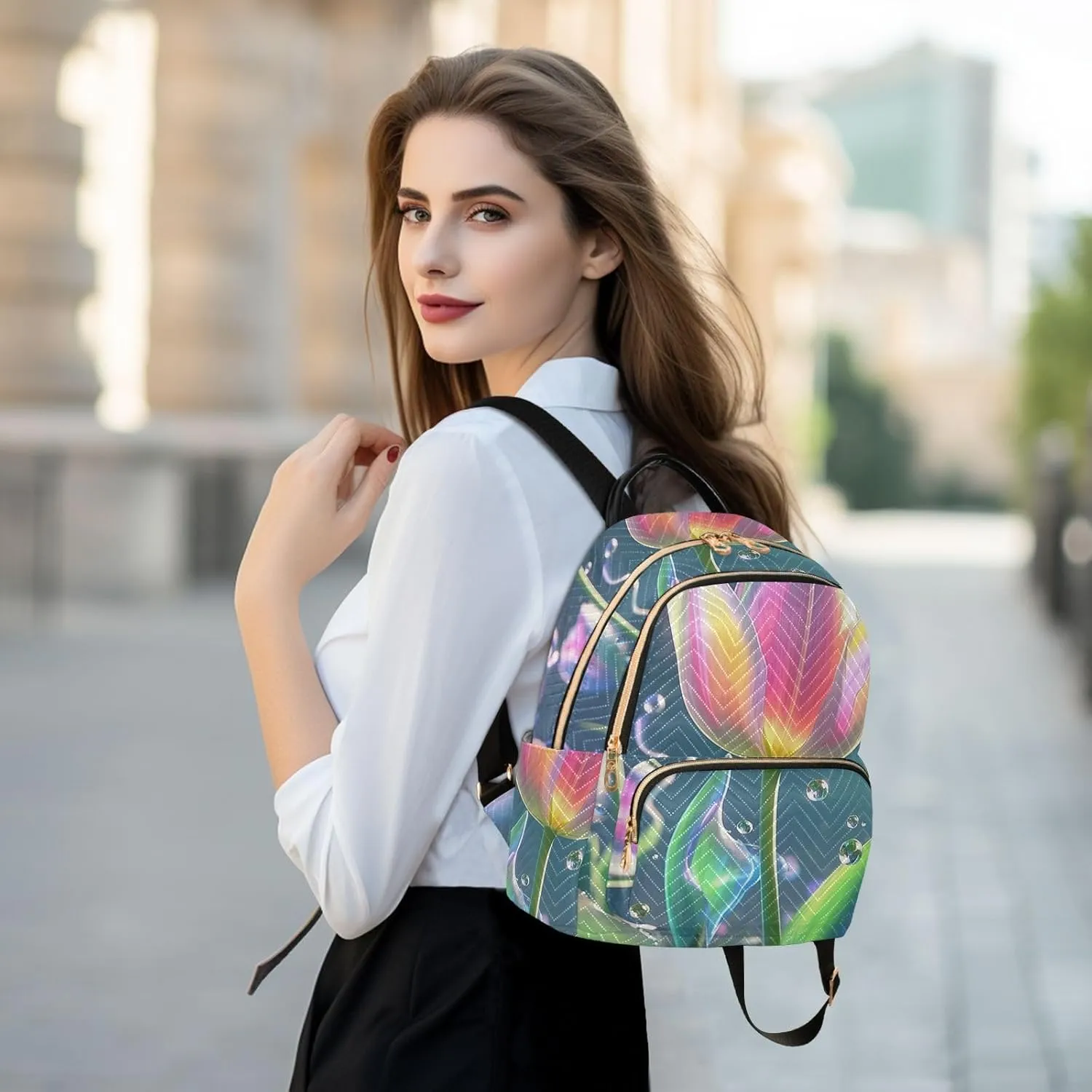 Mini Backpack Quilted Purse for Womens Small Backpack Daypack Tulips Pattern for Travel Daily Office,Multi2