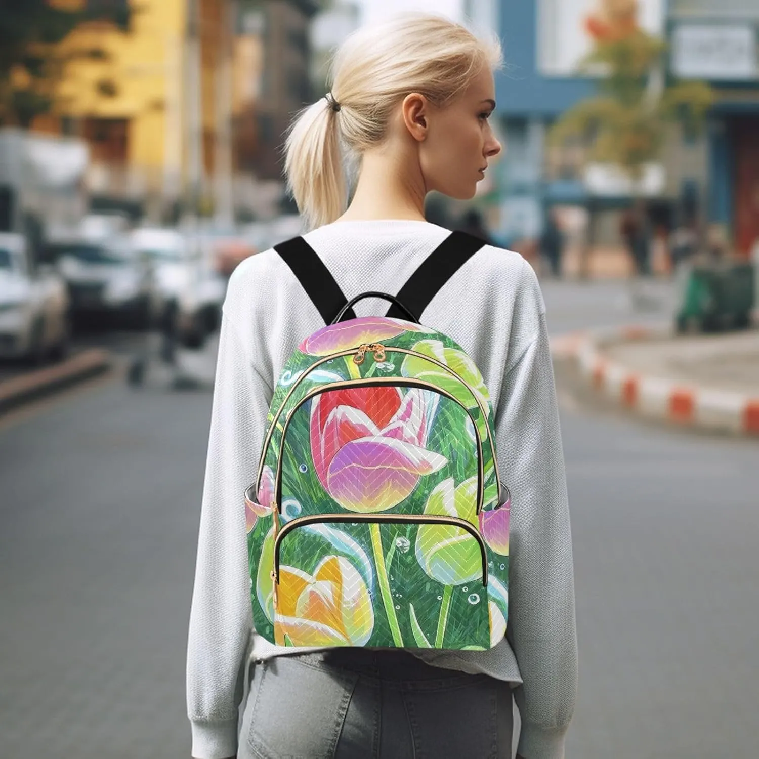 Mini Backpack Quilted Purse for Womens Small Backpack Daypack Tulips Pattern for Travel Daily Work,Multi11