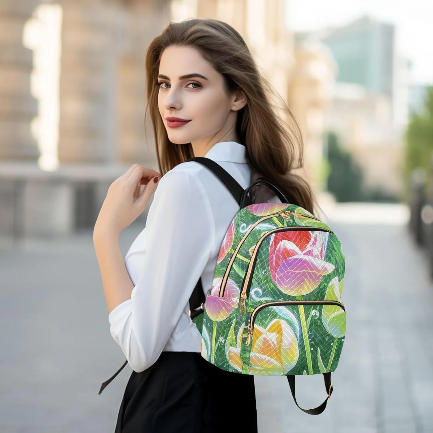 Mini Backpack Quilted Purse for Womens Small Backpack Daypack Tulips Pattern for Travel Daily Work,Multi11