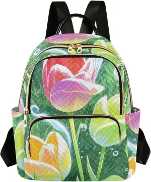 Mini Backpack Quilted Purse for Womens Small Backpack Daypack Tulips Pattern for Travel Daily Work,Multi11